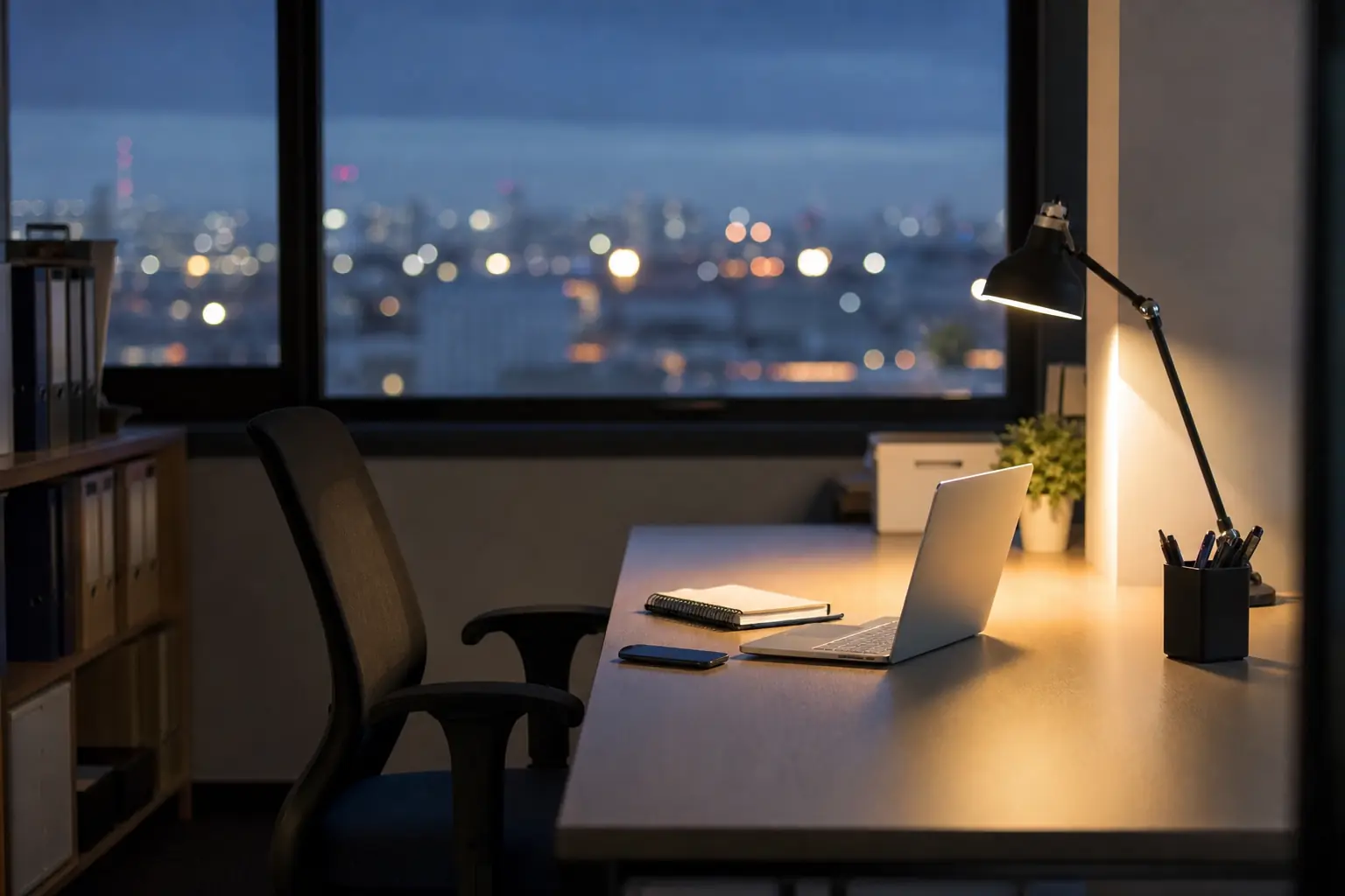 Bureau individuel éclairé en soirée, ordinateur portable allumé, lumières urbaines lointaines à la fenêtre
