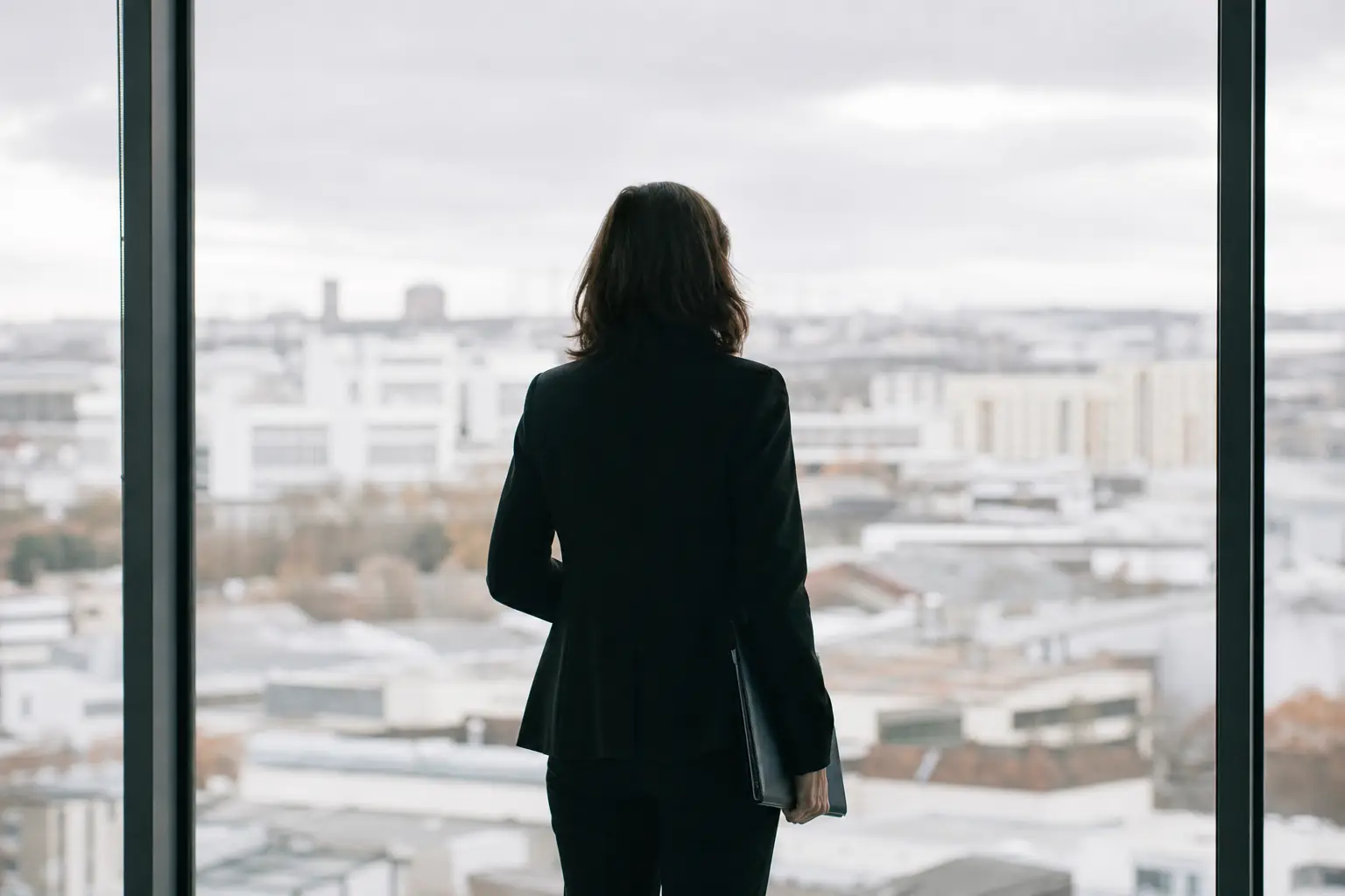 Personne en tenue de bureau debout près d’une fenêtre d’immeuble tertiaire, dossier sous le bras, vue de dos