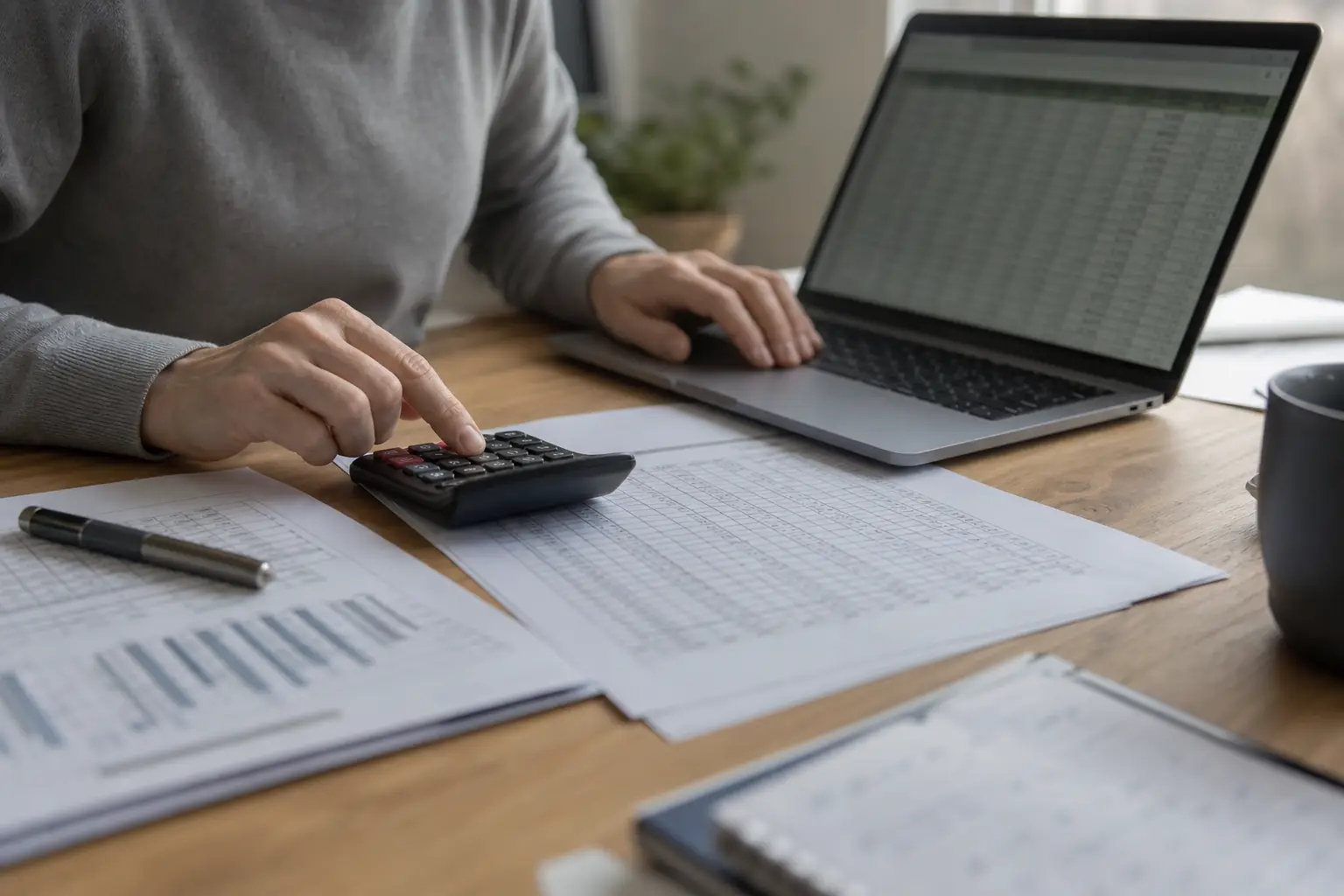 Table de travail avec calculatrice, feuille de calcul imprimée et tableur ouvert sur un ordinateur portable
