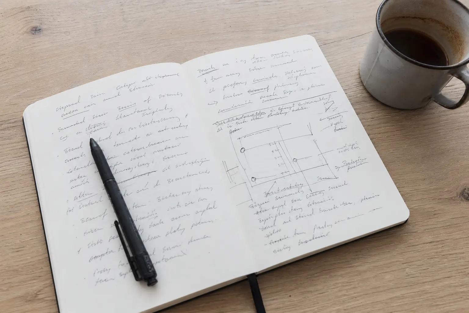 Carnet ouvert couvert de notes manuscrites et d’un schéma simple, stylo et tasse posés à côté