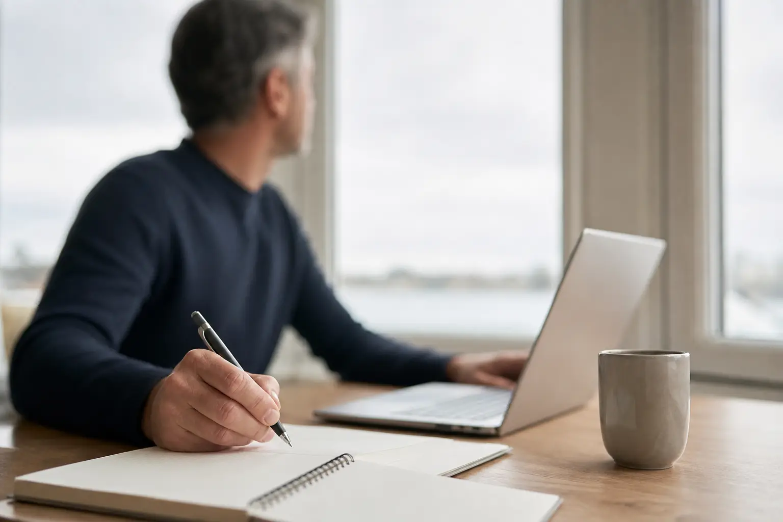 Personne d’âge mûr écrivant dans un carnet à côté d’un ordinateur portable, bureau lumineux