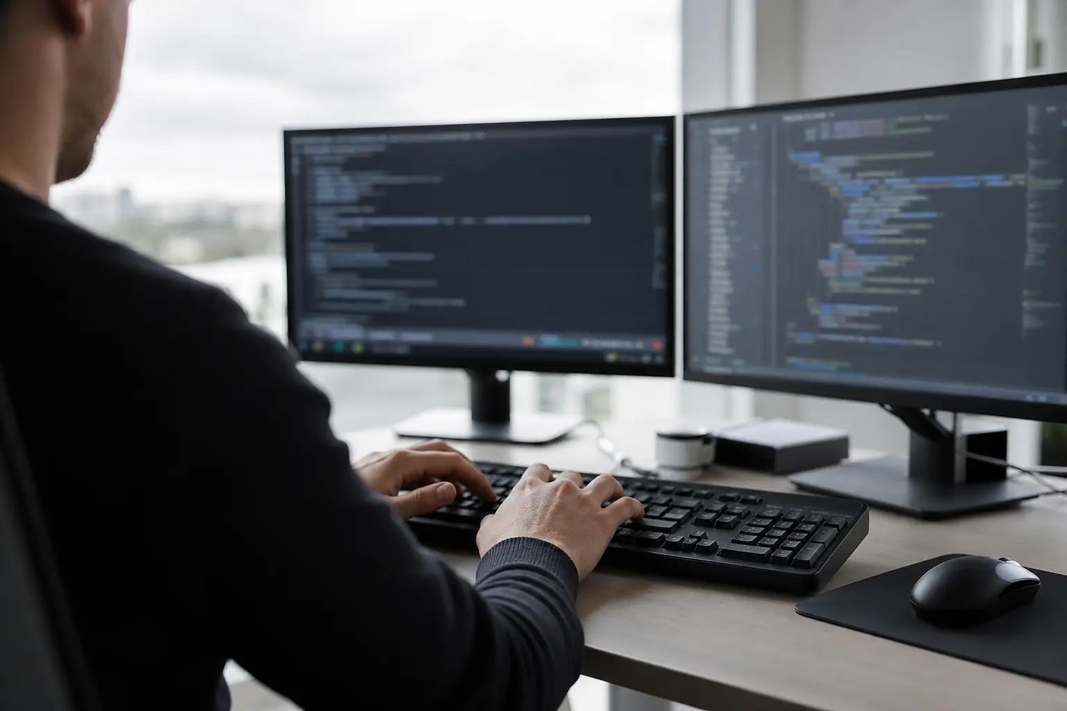 Deux écrans affichant du code, mains sur un clavier, bureau sobre