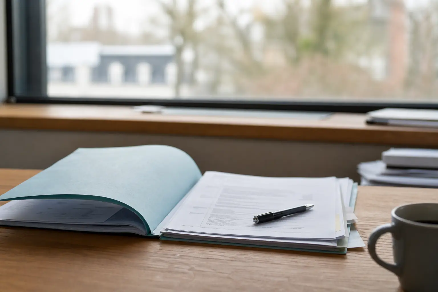 Dossier ouvert sur un bureau, feuillets imprimés d’apparence administrative et stylo posé dessus