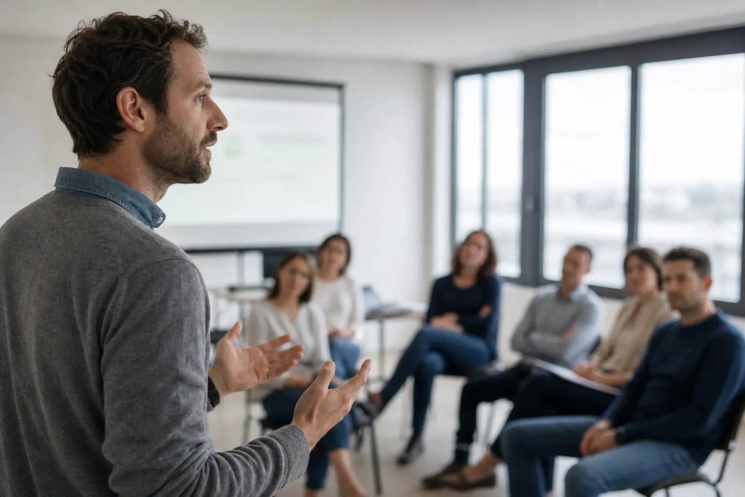 Formateur debout devant un petit groupe d’adultes assis en salle de formation claire