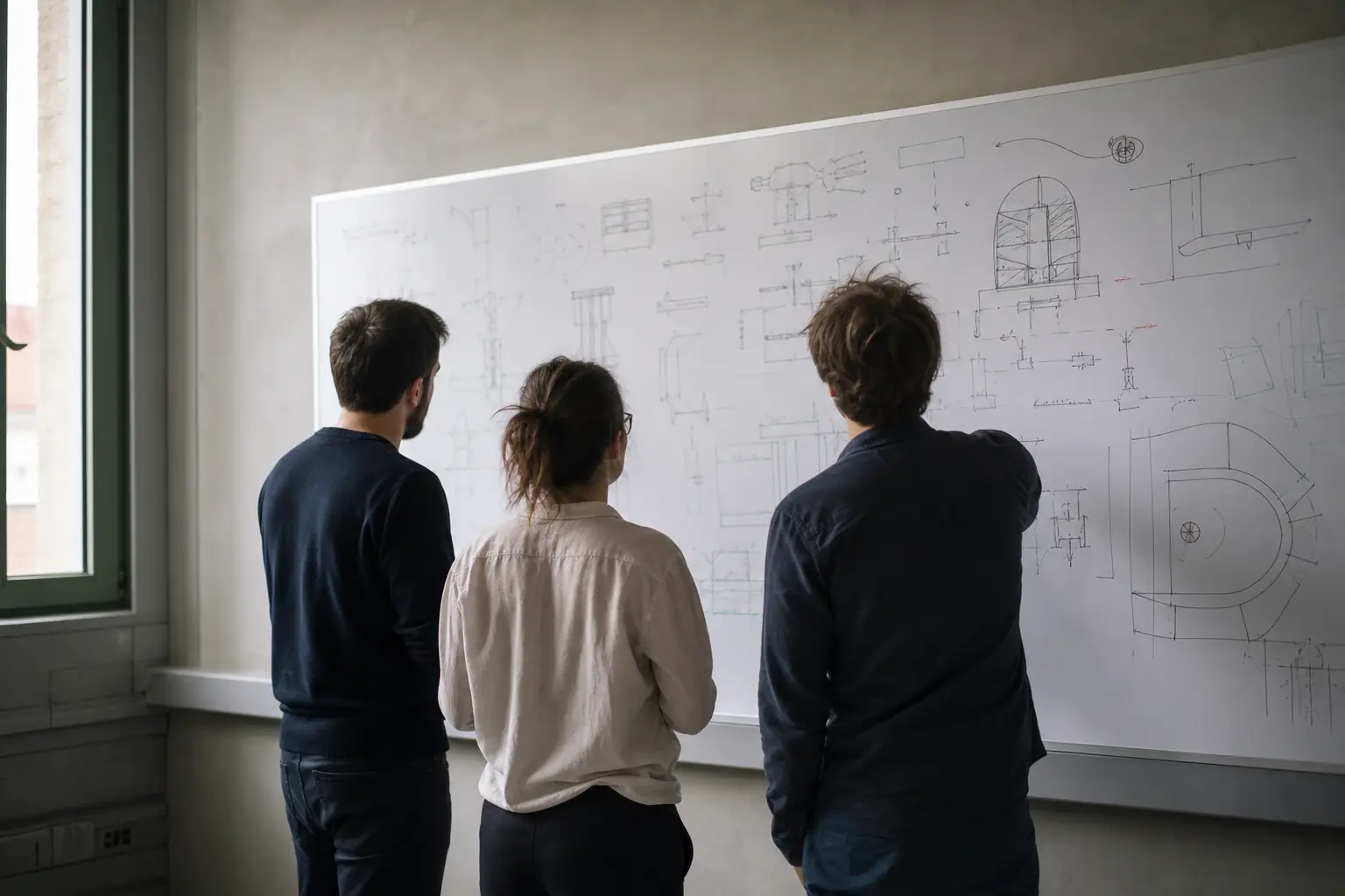 Trois personnes de dos devant un tableau blanc couvert de schémas techniques dessinés à la main